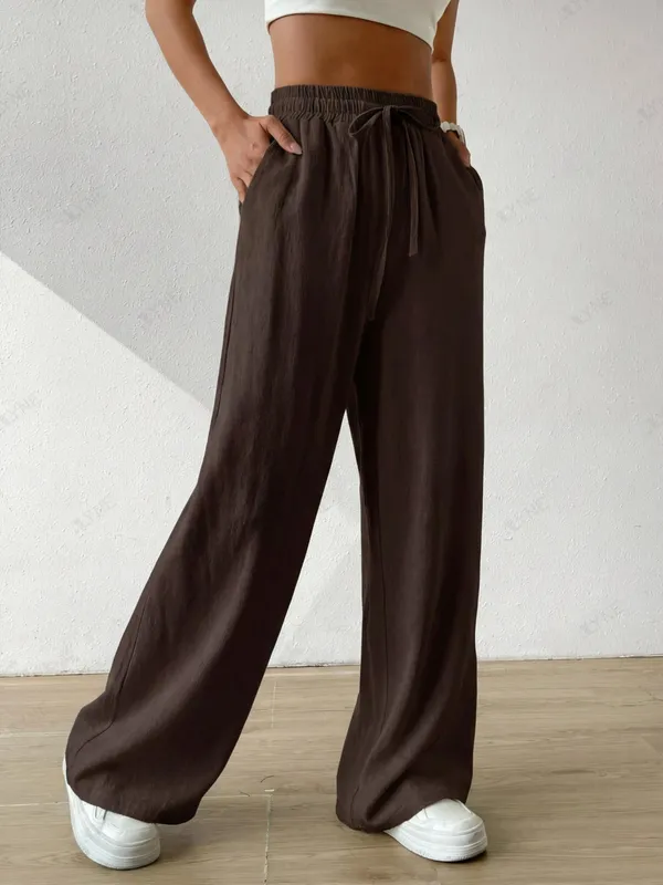 Alyne_Women'S_Wide_Leg_Pants_High_Waisted_Linen_Look_Textured_Blend_Drawstring_Palazzo_Trousers_With_Pockets_Casual_Relaxed_Fit_Flowy_Soft_Comfort_Long_Pants_Brown
