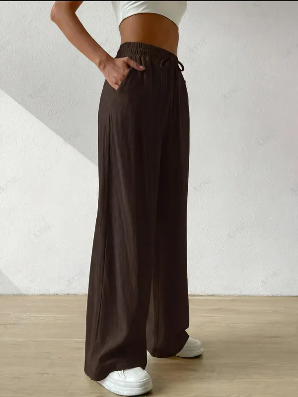 Alyne_Women'S_Wide_Leg_Pants_High_Waisted_Linen_Look_Textured_Blend_Drawstring_Palazzo_Trousers_With_Pockets_Casual_Relaxed_Fit_Flowy_Soft_Comfort_Long_Pants_Brown