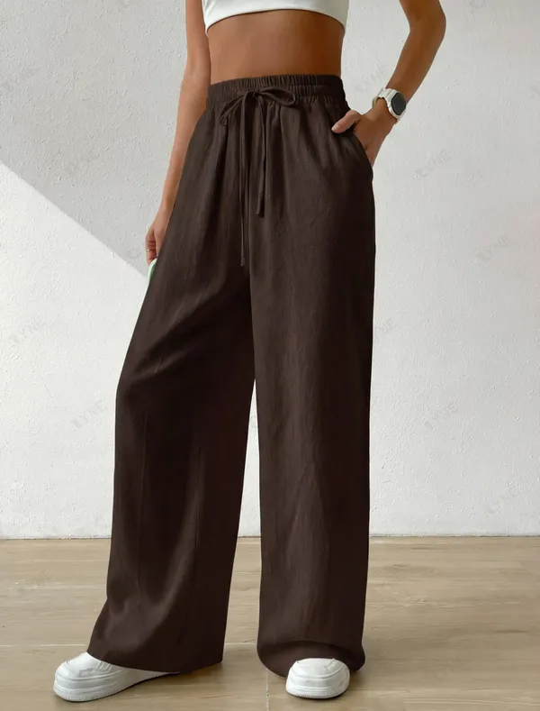 Alyne_Women'S_Wide_Leg_Pants_High_Waisted_Linen_Look_Textured_Blend_Drawstring_Palazzo_Trousers_With_Pockets_Casual_Relaxed_Fit_Flowy_Soft_Comfort_Long_Pants_Brown