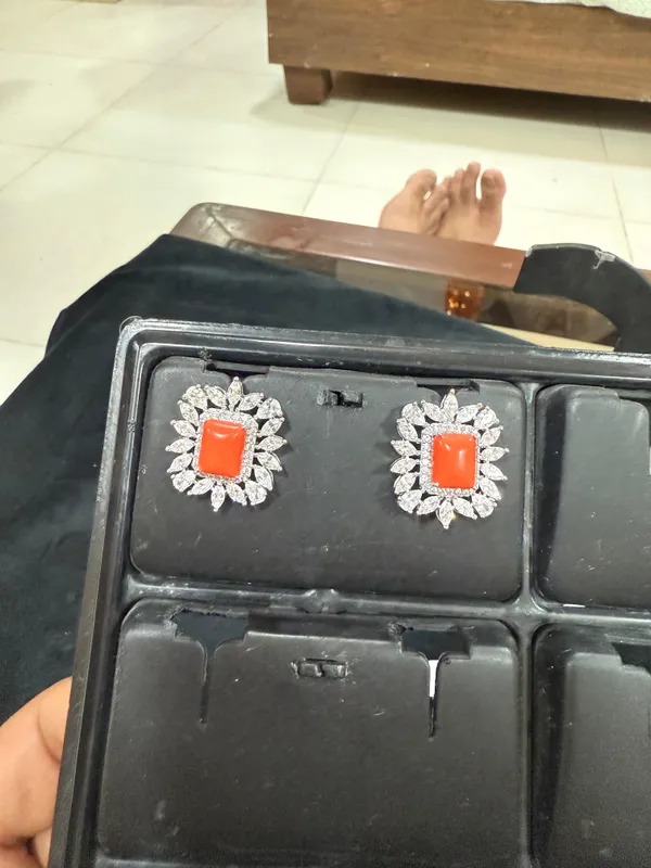 Coral_Orange_Square_Stone_CZ_Sunflower_Stud_Earrings_(Large)