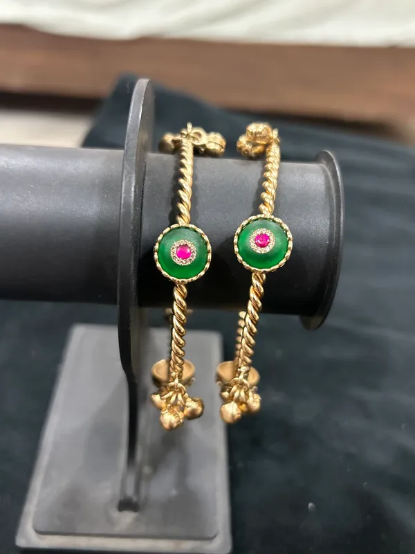 Gold_Twisted_Rope_Bangles_with_Jade_Green_Round_Motif_&_Ghungroo_Drops_(Set_of_2)