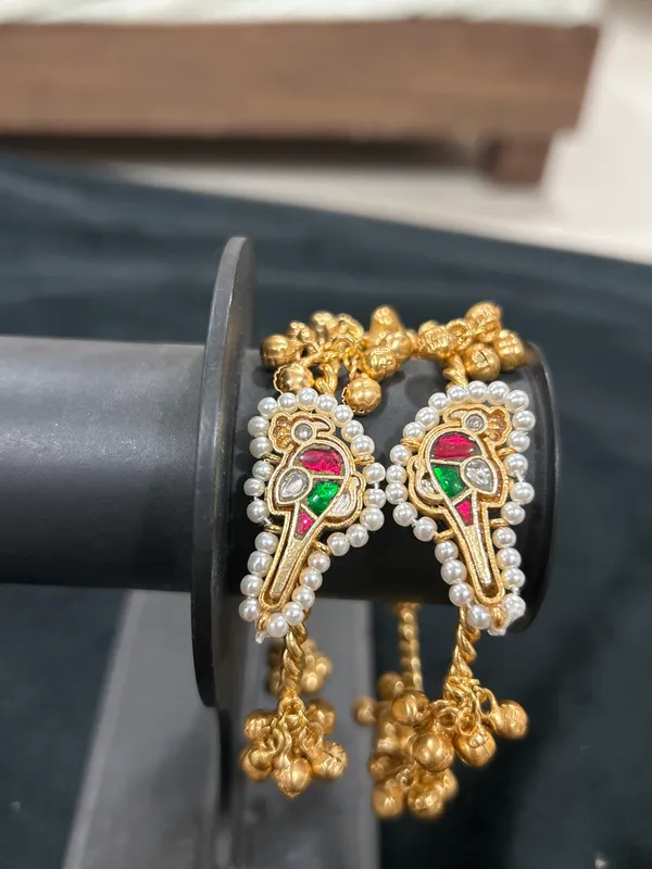 Antique_Gold_Bird_Bangles_with_Pearl_Border_&_Ghungroo_Drops_(Set_of_2)