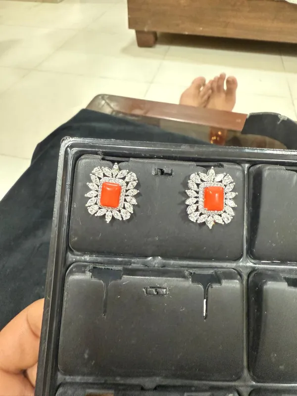 Coral_Orange_Square_Stone_CZ_Sunflower_Stud_Earrings