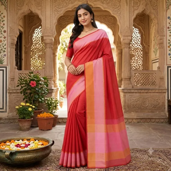Red__And_Baby_Pink_100%_Crepe_Saree_For_Women