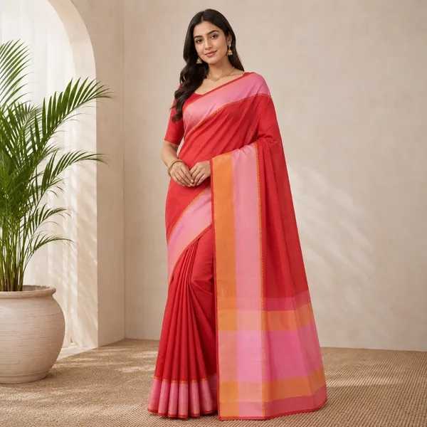 Red__And_Baby_Pink_100%_Crepe_Saree_For_Women