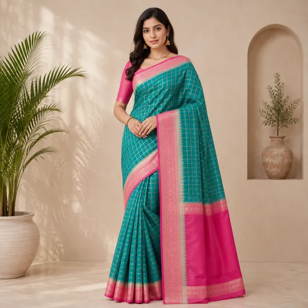 Green__And_Dark_Pink_100%_Crepe_Saree_For_Women