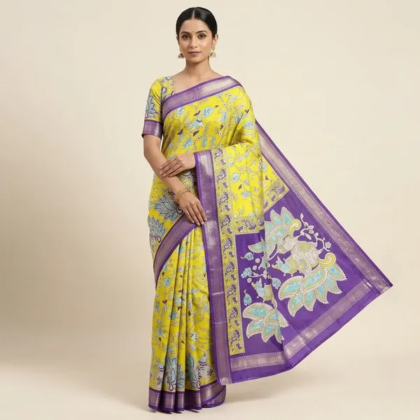 Lemon_Green__And_Purple_100%_Marshmallow_Saree_For_Women