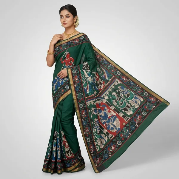 Bottle_Green_100%_Mul_Cotton_Saree_For_Women