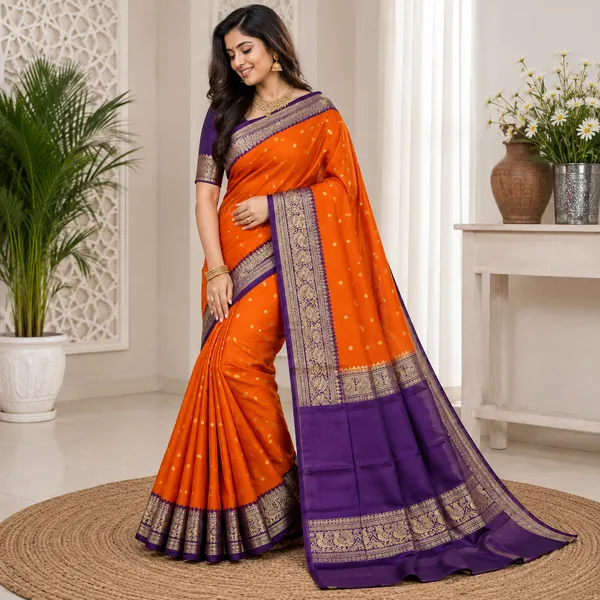 Orange__And_Purple_100%_Crepe_Saree_For_Women