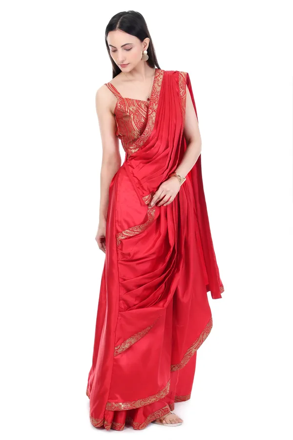 Red_Satin_PreStitched_Saree_With_Golden_Border