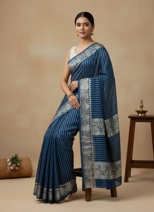 Blue__Georgette_Foil_Saree_With_Gota__Border