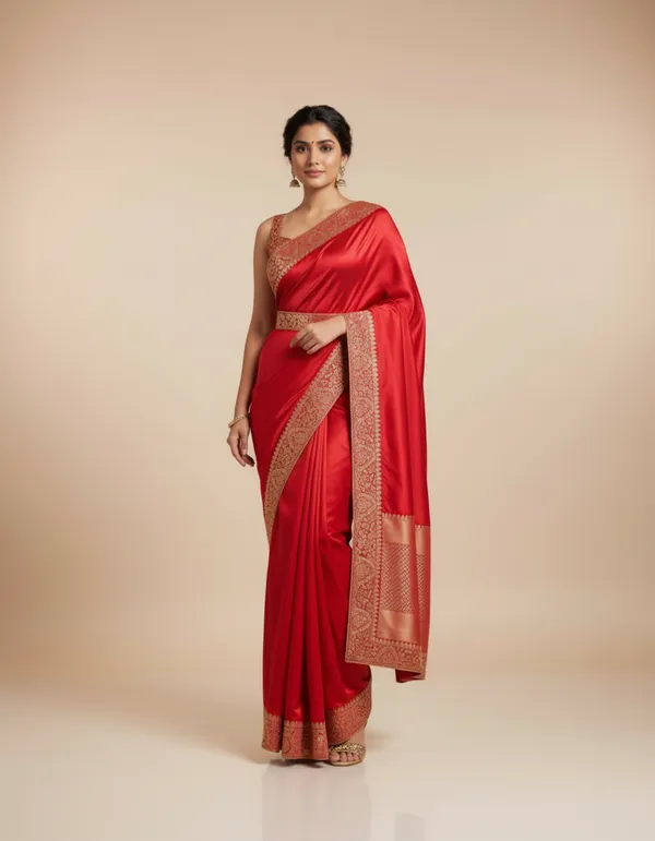 Red_Silk_Reay_To_Wear_Saree_With_Golden_Embroidered_Border