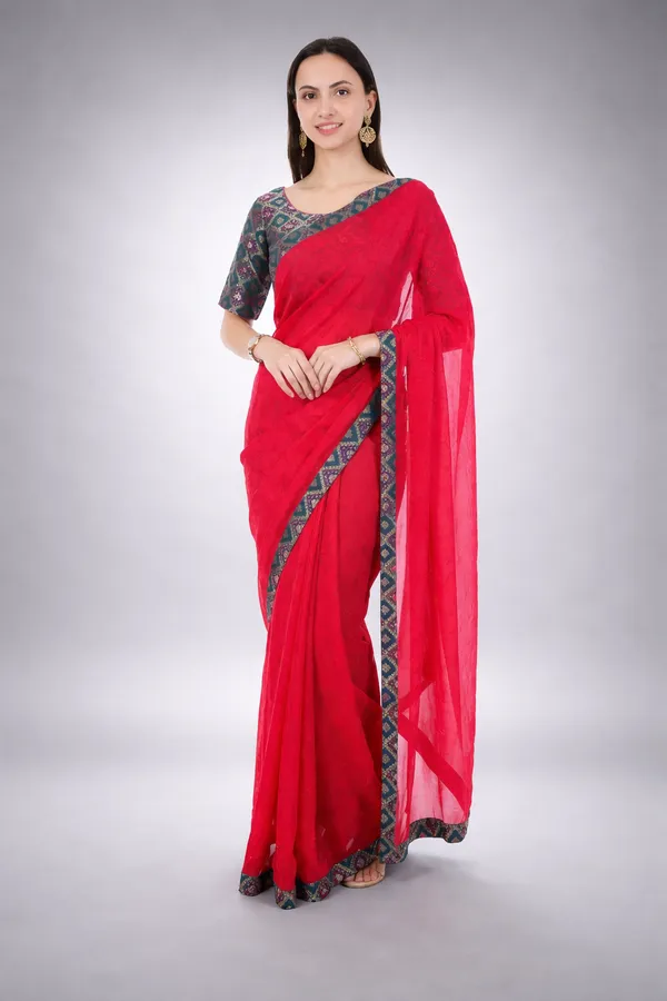 Red_Georgette_Saree_With_Printed_Border_And_Blouse