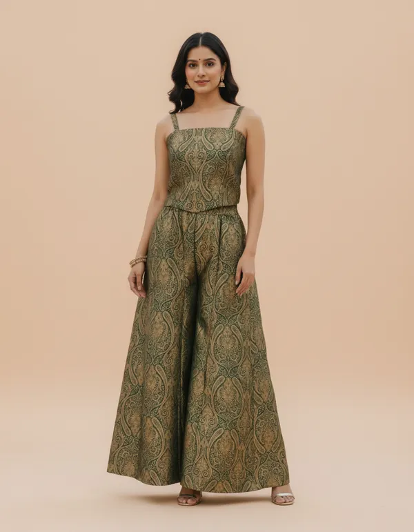 Green_Banarsi_Silk_Crop_Top_Plazzo_Set__Ethnic_Wear_Set