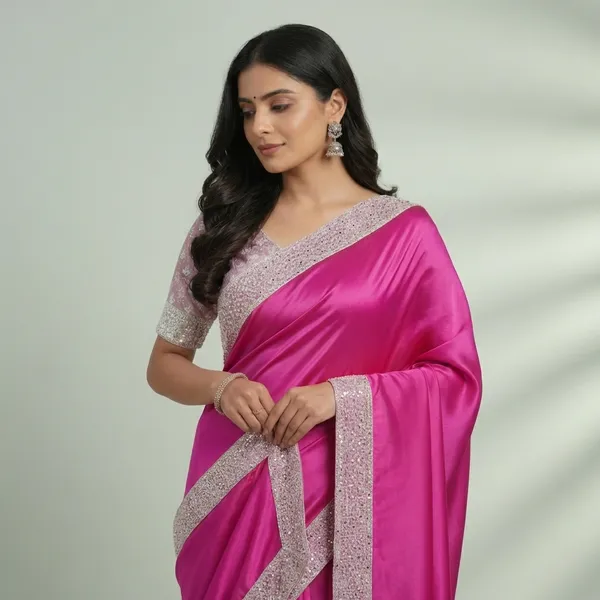 Rani_Pink_Embellished_Fendi_Cotton_Saree_With_Embroidered_White_Blouse