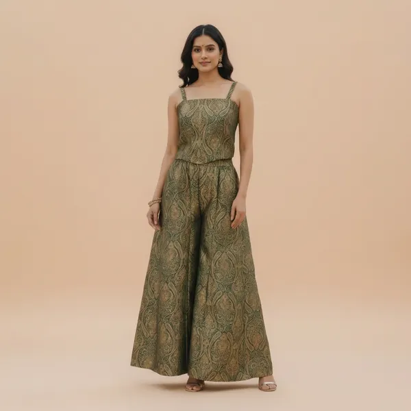 Green_Banarsi_Silk_Crop_Top_Plazzo_Set__Ethnic_Wear_Set