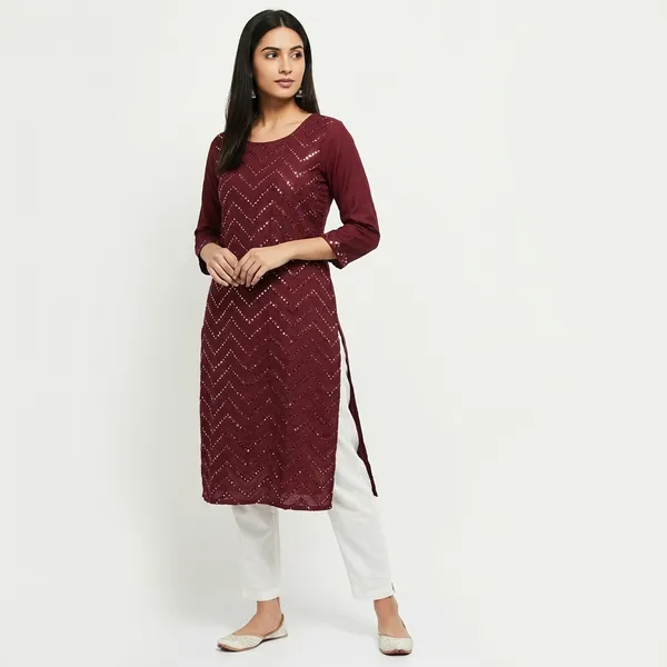 Maroon_Geometric_Print_Georgette__Kurta_For_Women
