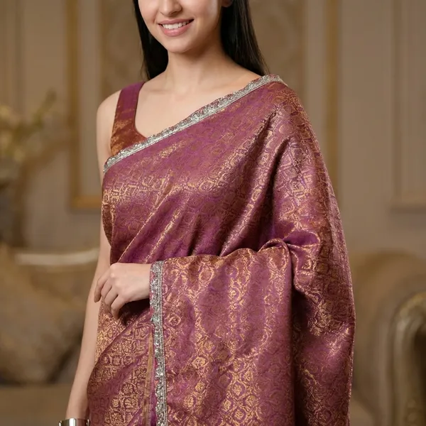 Pink_Banarasi_Silk_Saree_With_Golden_Zari_Work_And_Silver_Border