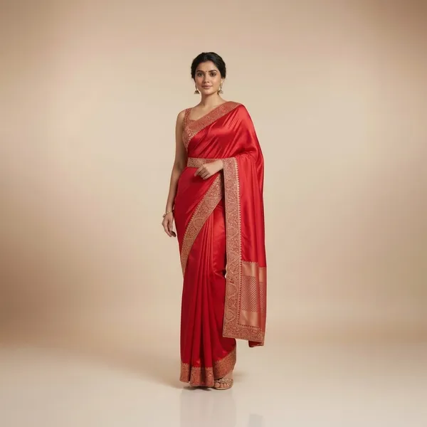 Red_Silk_Reay_To_Wear_Saree_With_Golden_Embroidered_Border