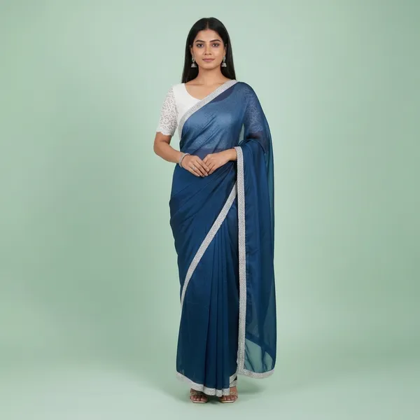 Two_Tone_Georgette_Blue_Saari_With_Embroidered_White_Blouse