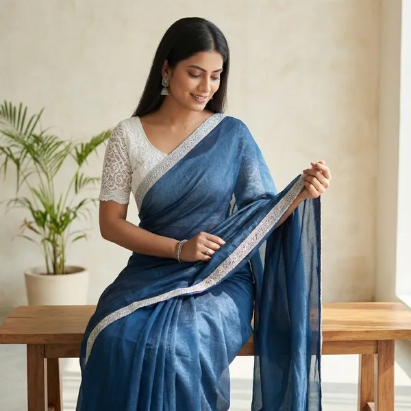 Two_Tone_Georgette_Blue_Saari_With_Embroidered_White_Blouse