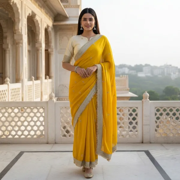 Yellow_Two_Tone_Georgette_Saree_With_Golden__Border