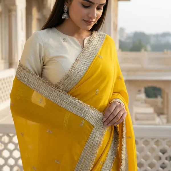 Yellow_Two_Tone_Georgette_Saree_With_Golden__Border