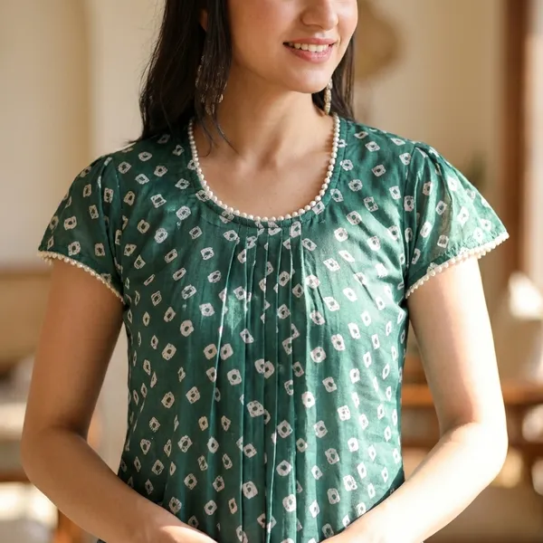 Green_Polka_Dot_Printed_Gathered_Tunic_With_Pearl_Detailing
