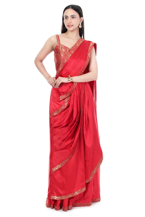 Red_Satin_PreStitched_Saree_With_Golden_Border