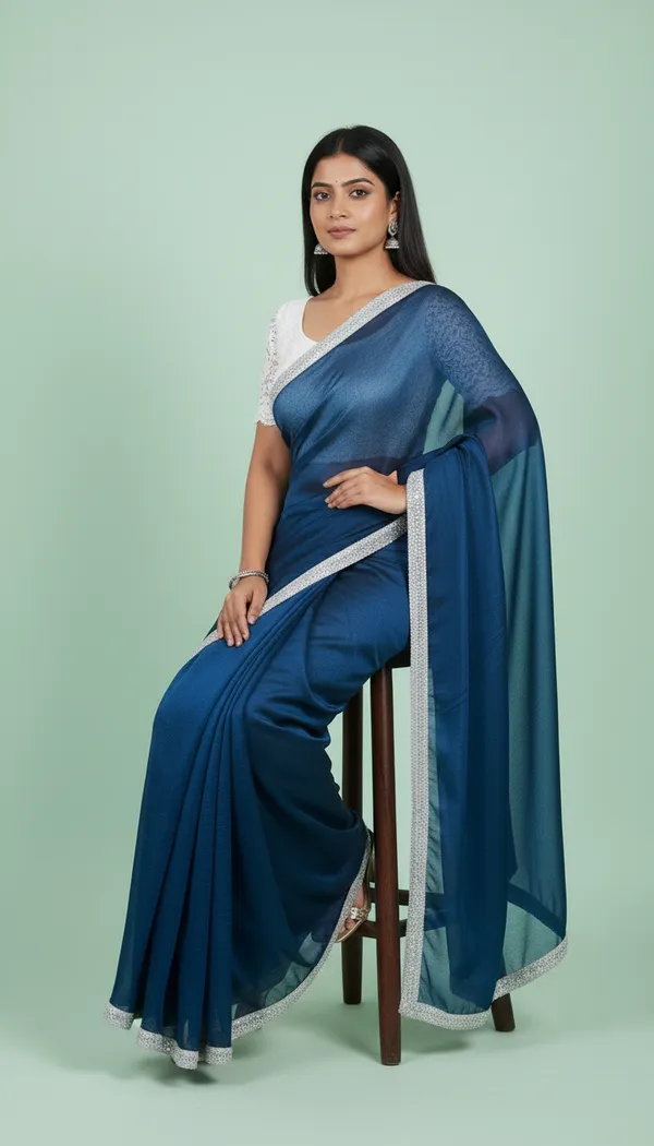 Two_Tone_Georgette_Blue_Saari_With_Embroidered_White_Blouse