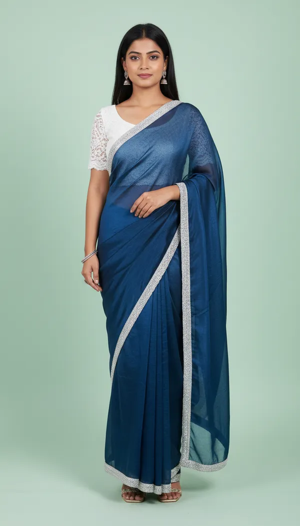 Two_Tone_Georgette_Blue_Saari_With_Embroidered_White_Blouse