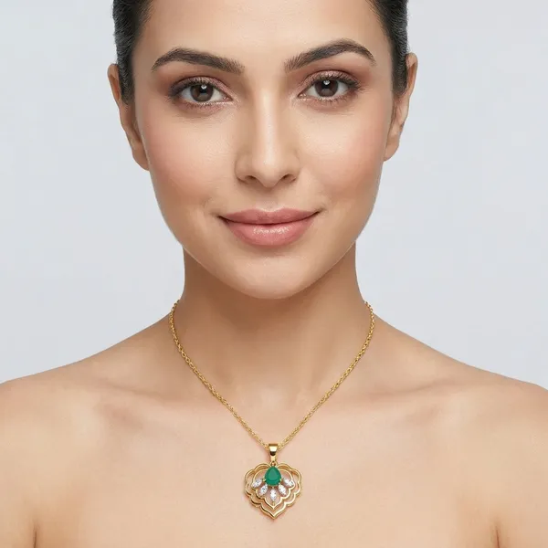 Gold-Plated_Emerald_And_Diamond_Layered_Floral_Pendant_Necklace_In_Yellow_Gold_Vermil