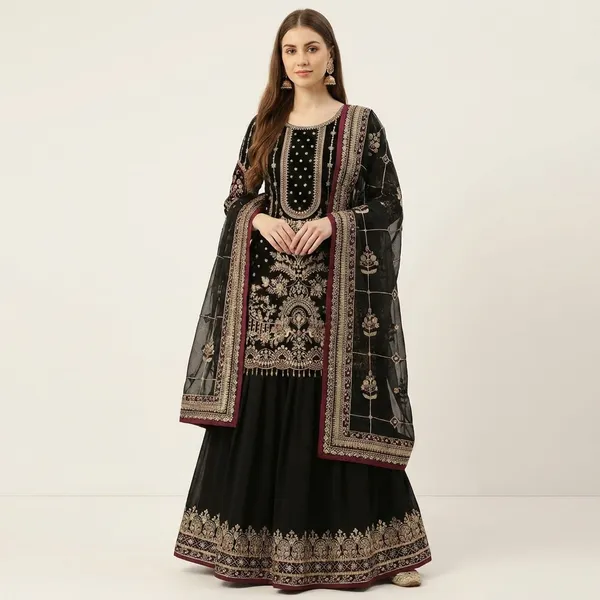 Black_Faux_Georgette_And_Cotton_Premium_Sharara_Set_For_Women