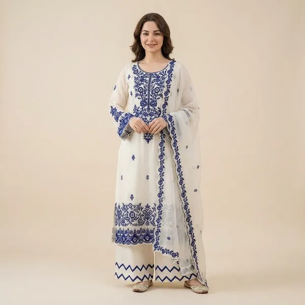 White_And_Blue_Rayon_Cotton_And_Faux_Georgette_Premium_Sharara_Set_For_Women