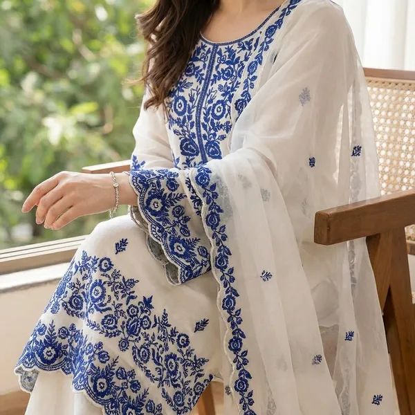 White_And_Blue_Rayon_Cotton_And_Faux_Georgette_Premium_Sharara_Set_For_Women