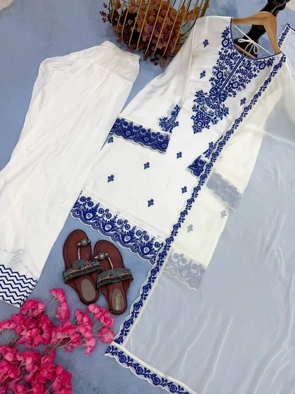 White_And_Blue_Rayon_Cotton_And_Faux_Georgette_Premium_Sharara_Set_For_Women