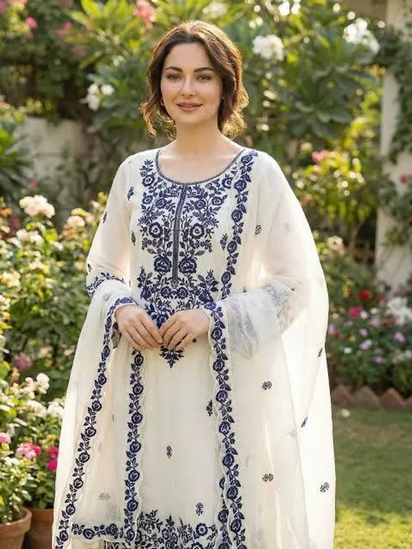 White_And_Blue_Rayon_Cotton_And_Faux_Georgette_Premium_Sharara_Set_For_Women