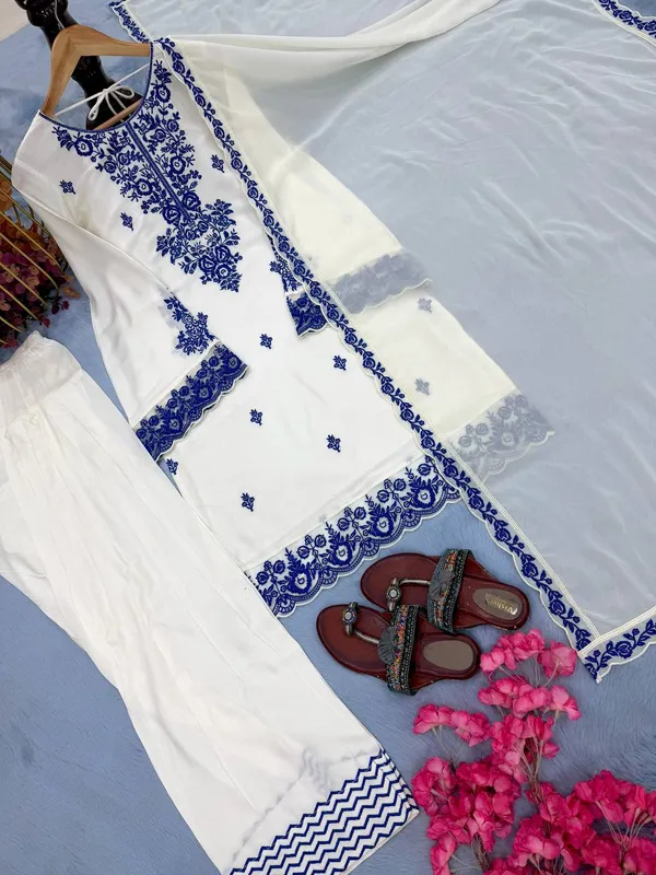White_And_Blue_Rayon_Cotton_And_Faux_Georgette_Premium_Sharara_Set_For_Women