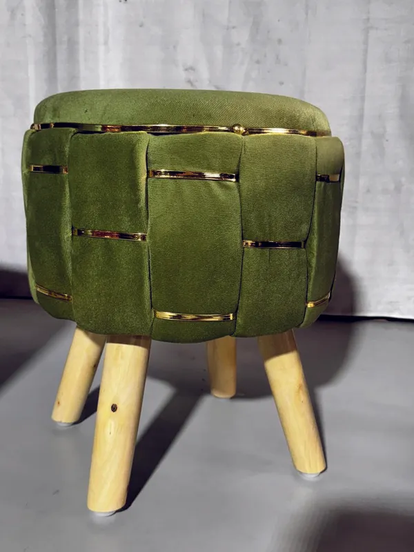 Olive_Green_Velvet_Ottoman_Stool_With_Golden_Metal_Straps_And_Wooden_Legs