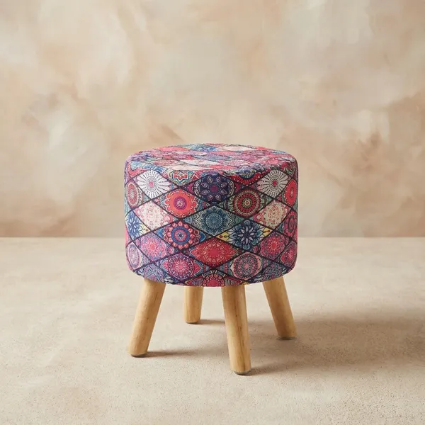 Red_Chanderi_Printed_Velvet_Ottoman_Stool_�_Premium_Fabric_with_Wooden_Legs_for_Bedroom_&_Dressing_Room