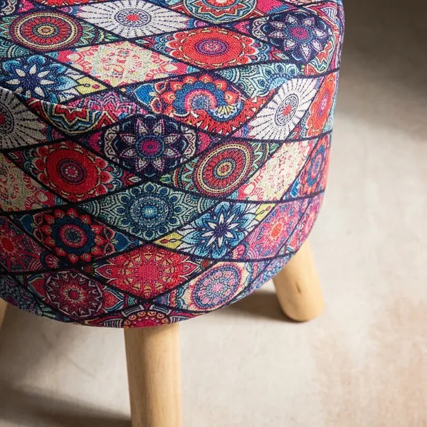 Red_Chanderi_Printed_Velvet_Ottoman_Stool_�_Premium_Fabric_with_Wooden_Legs_for_Bedroom_&_Dressing_Room