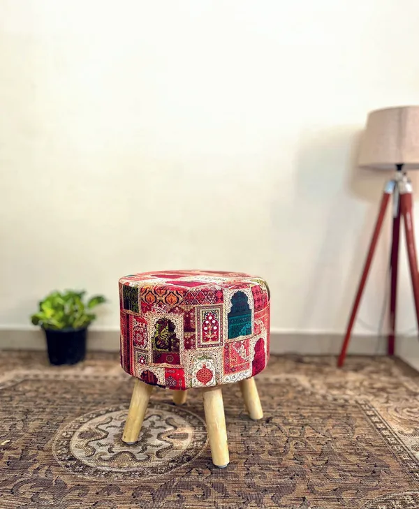 Colorful_Jaipuri_Print_Accent_Stool_�_Premium_Fabric_Upholstered_Ottoman_with_Wooden_Legs_for_Lounge_&_Reading_Corner