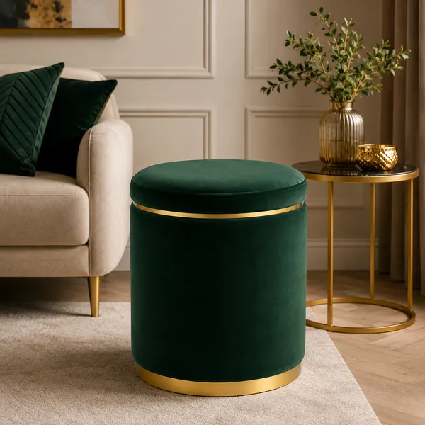 Bottle_green_Handcrafted_Holland_Velvet_Stool_Puffe_with_Golden_Strip