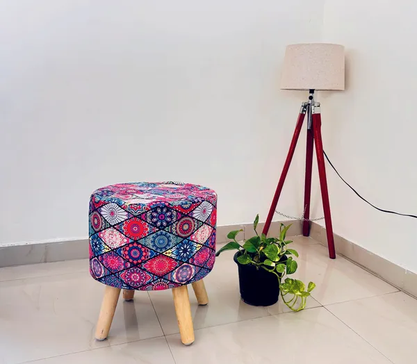 Red_Chanderi_Printed_Velvet_Ottoman_Stool_�_Premium_Fabric_with_Wooden_Legs_for_Bedroom_&_Dressing_Room