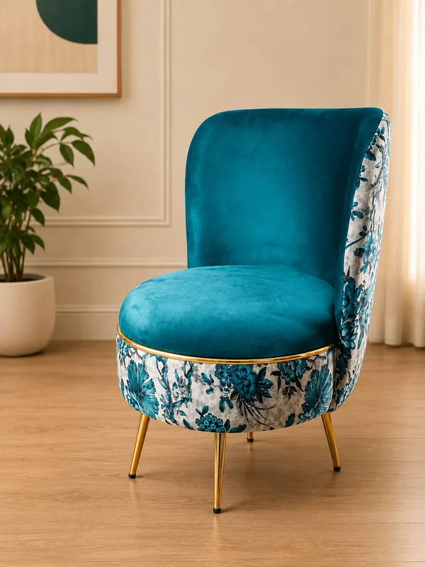 Floral_Print_with_Blue_Velvet_Ottoman_Chair_With_Golden_Legs
