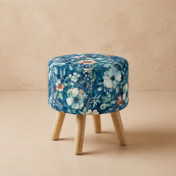 Floral_Blue_Print_Accent_Stool_�_Premium_Fabric_Upholstered_with_Wooden_Legs_for_Bedroom_&_Reading_Corner