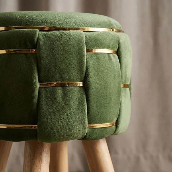 Olive_Green_Velvet_Ottoman_Stool_With_Golden_Metal_Straps_And_Wooden_Legs
