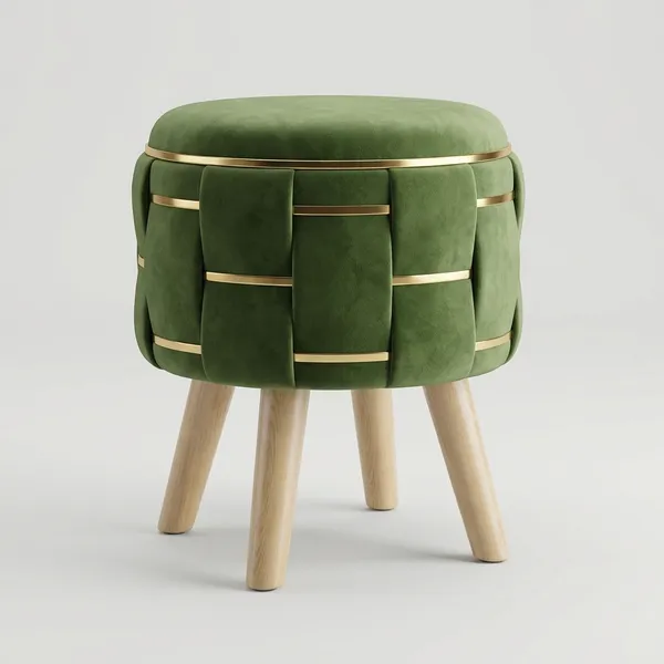Olive_Green_Velvet_Ottoman_Stool_With_Golden_Metal_Straps_And_Wooden_Legs