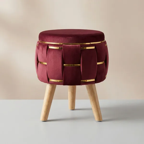 Maroon_Holland_Velvet_Ottoman_Stool_With_Wooden_Legs