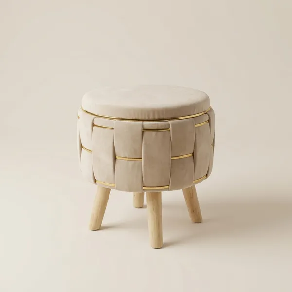 Cream_Velvet_Ottoman_Stool_�_Premium_Fabric_with_Golden_Fancy_Strip_&_Wooden_Legs_for_Lounge_&_Dressing_Room